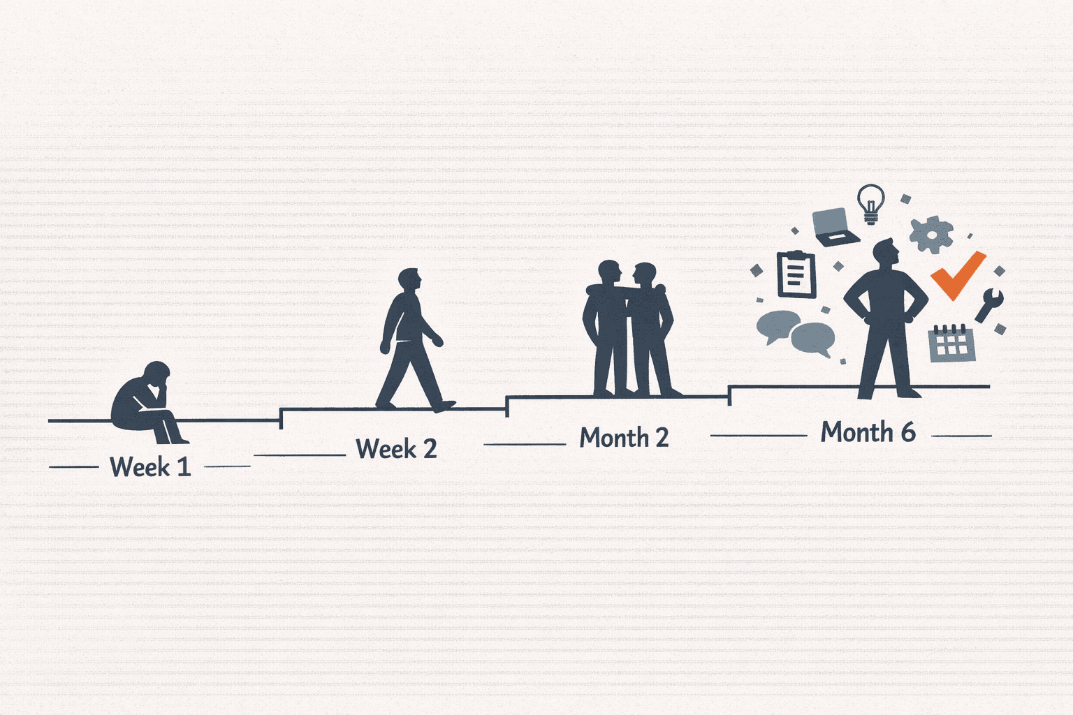 Visual timeline showing a solo operator's first 90 days of adopting an AI marketing stack: Week 1 automate one workflow, Month 2 add a second operator, Month 6 output of a 15-person team