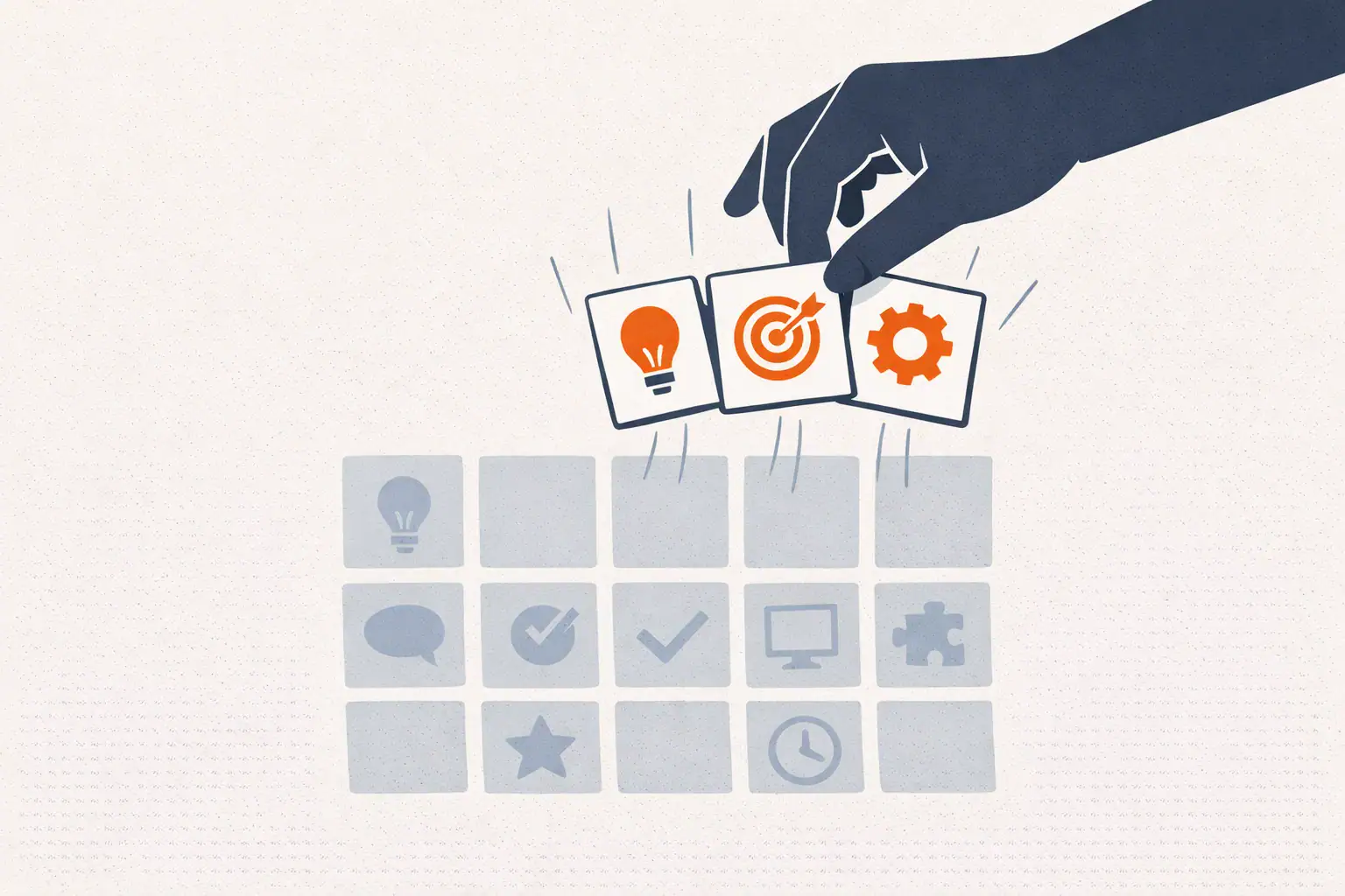 Editorial illustration of three highlighted prompt cards being lifted out of a larger grid, with the rest of the cards faded into the background