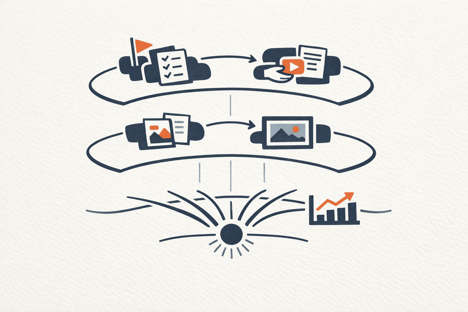 Diagram showing the three key handoffs in an AI marketing workflow: strategy informs content, content informs visual, everything feeds analytics