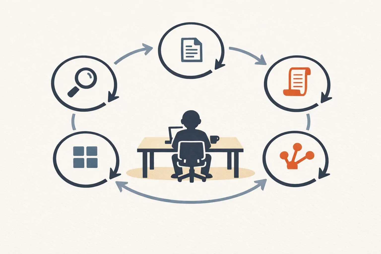 Editorial illustration of five small recurring workflow loops arranged horizontally, each loop returning to a central operator figure in the middle