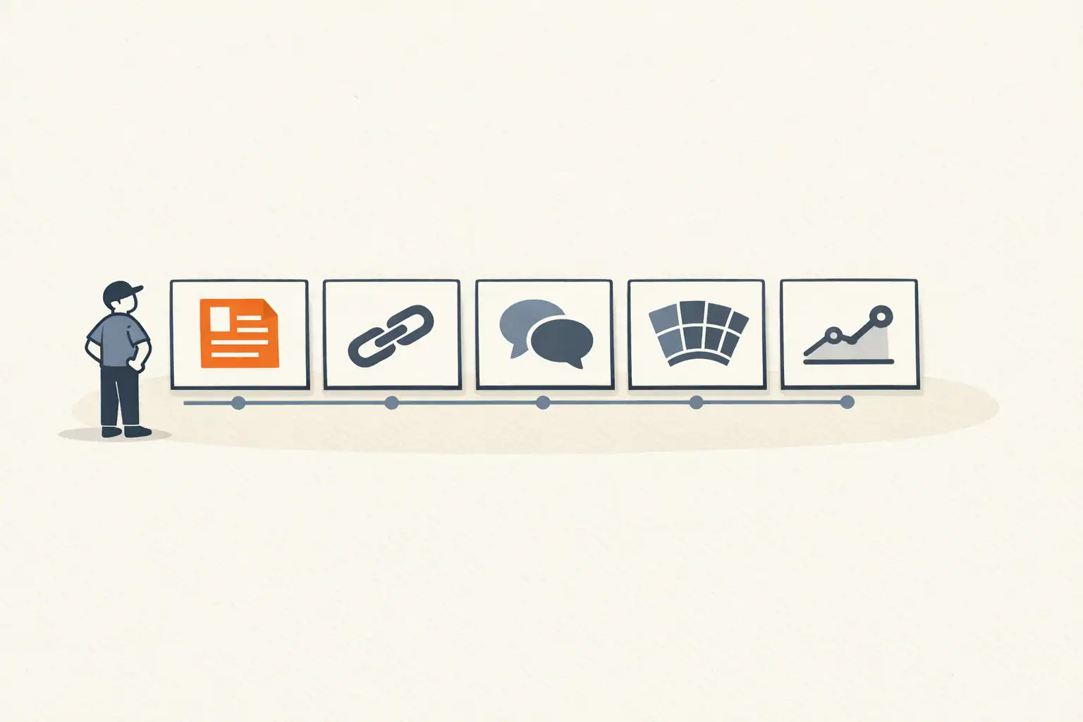 Editorial illustration of five distinct workflow tiles arranged in a clean horizontal row, each tile representing a different AI agent use case worth building first