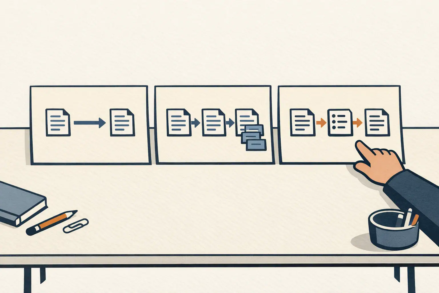 Editorial illustration of three side-by-side workflow panels showing single-shot vs section-by-section vs outline-first AI content brief patterns