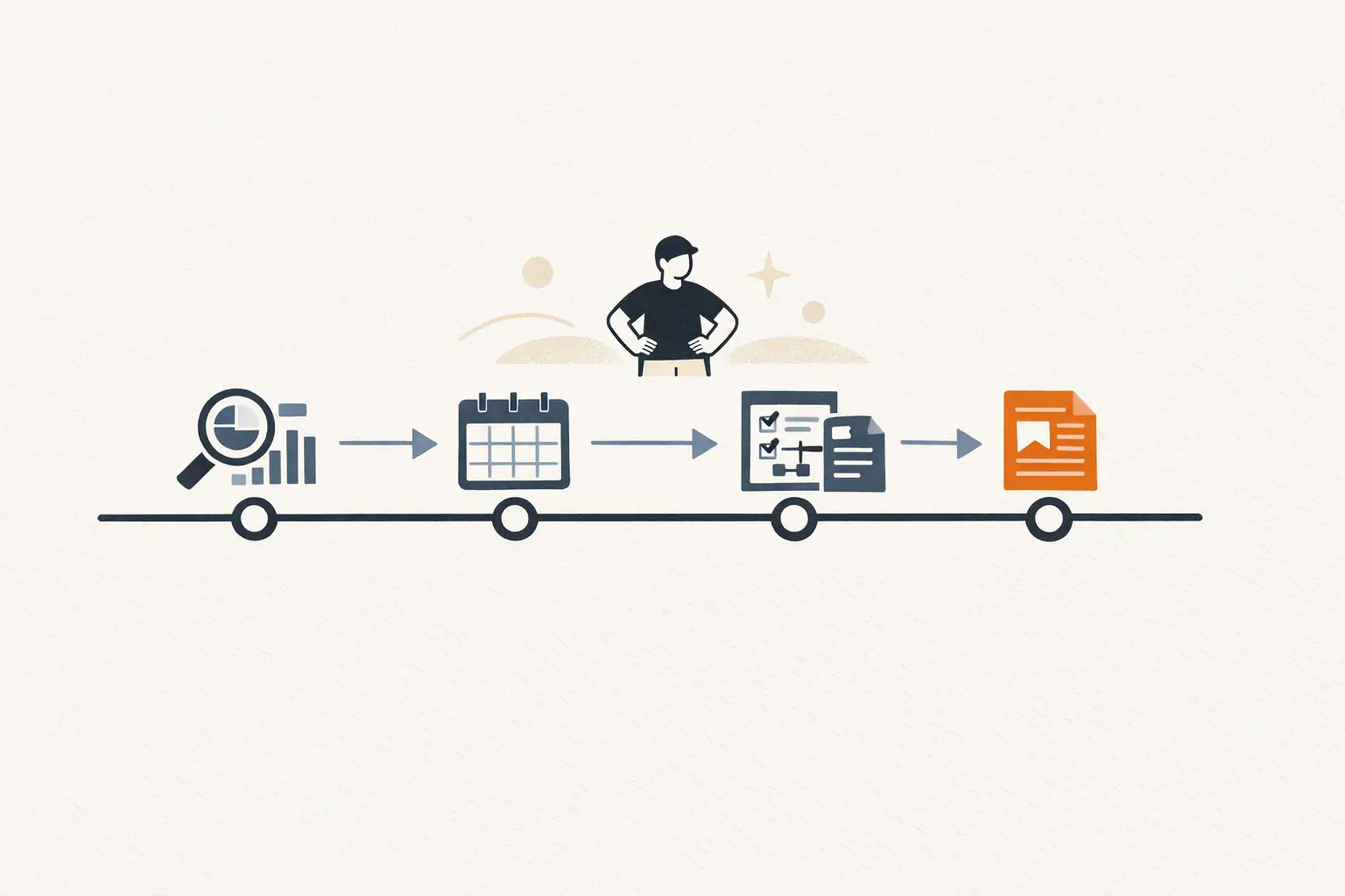 Editorial illustration of a four-week horizontal timeline with a different content-calendar setup activity attached to each week marker