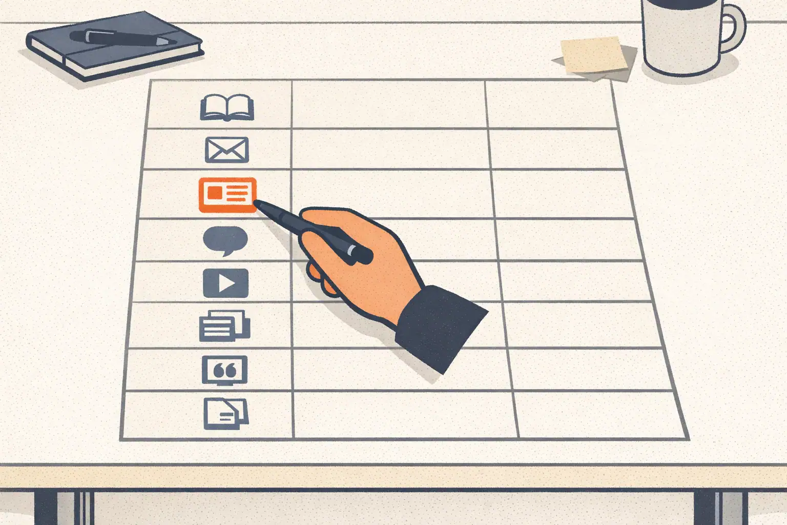 Editorial illustration of a clean format-by-channel grid laid flat on a desk with icons in each cell representing the repurposing matrix