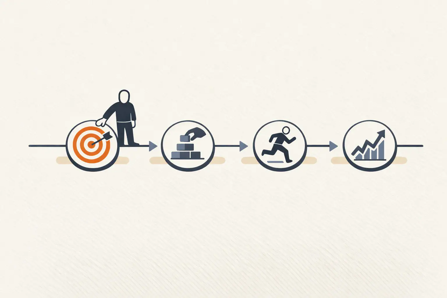 Editorial illustration of a horizontal 90-day timeline broken into four phases, each marked with a distinct icon representing strategy, build, run, scale