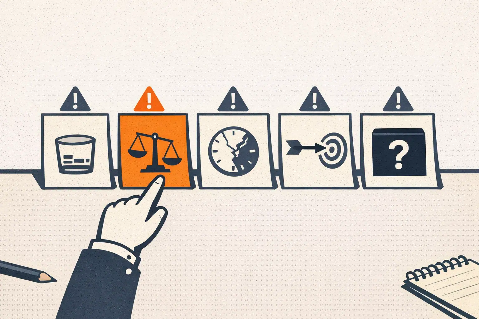Editorial illustration of five warning-marked panels representing the five failure modes of AI lead scoring arranged in a row on a desk