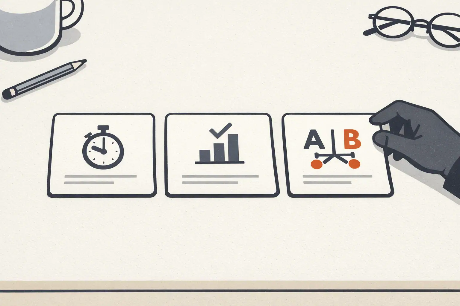 Editorial illustration of three slide rectangles laid out in a row on a clean desk with simple icons representing the three slides marketing should bring to leadership