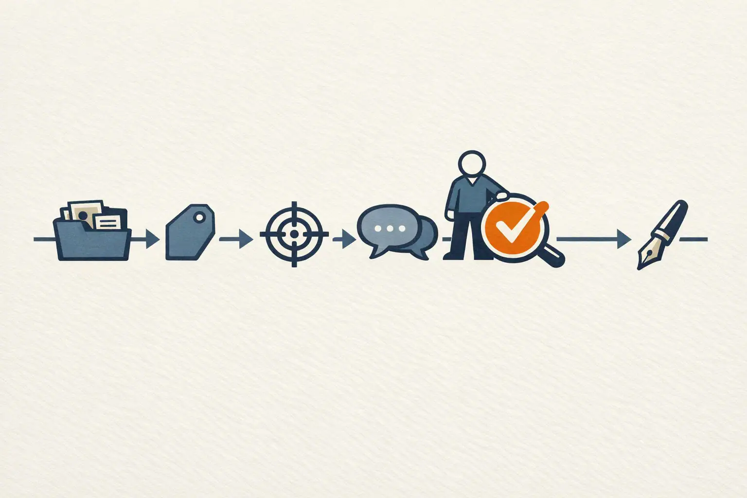 Editorial illustration of a horizontal six-step persona generation workflow timeline with a different icon at each step, from data collection through human edit