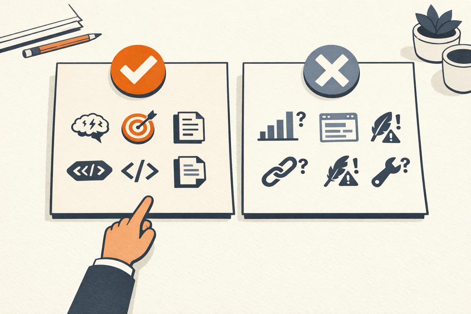 Editorial illustration of two side-by-side panels on a desk, one labeled with a checkmark over six task icons where ChatGPT is good, one labeled with an X over five task icons where ChatGPT is bad