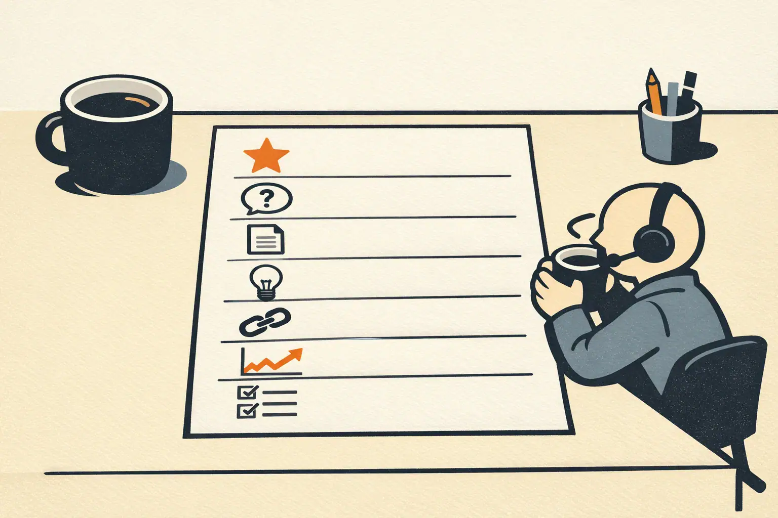 Editorial illustration of a Monday morning desk scene with a single sheet labeled in icons showing seven local SEO digest items, a coffee cup, and an operator about to start their week