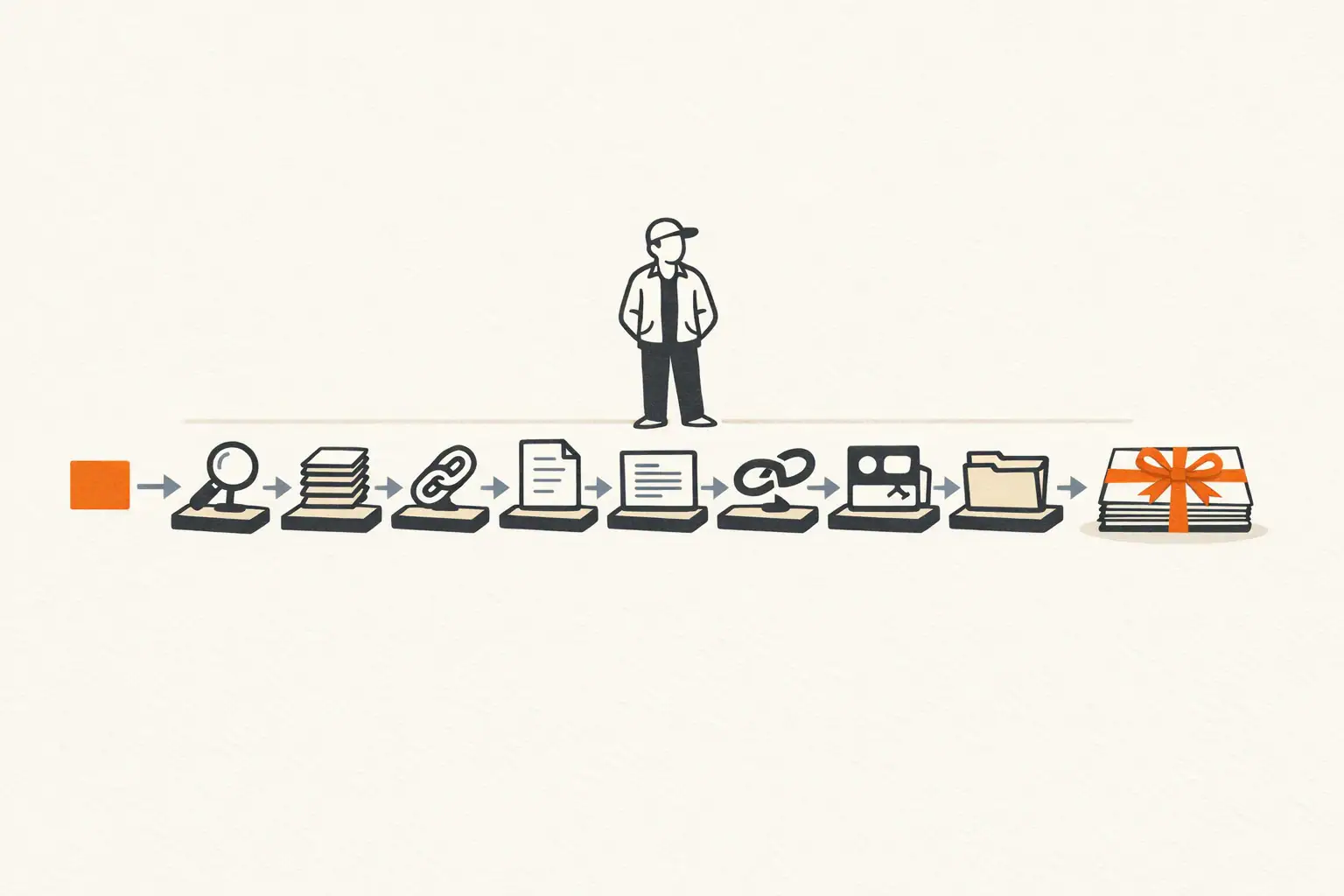 Editorial illustration of a horizontal workflow loop showing a single keyword input flowing through nine connected workflow stations and emerging as a finished content pack on the right