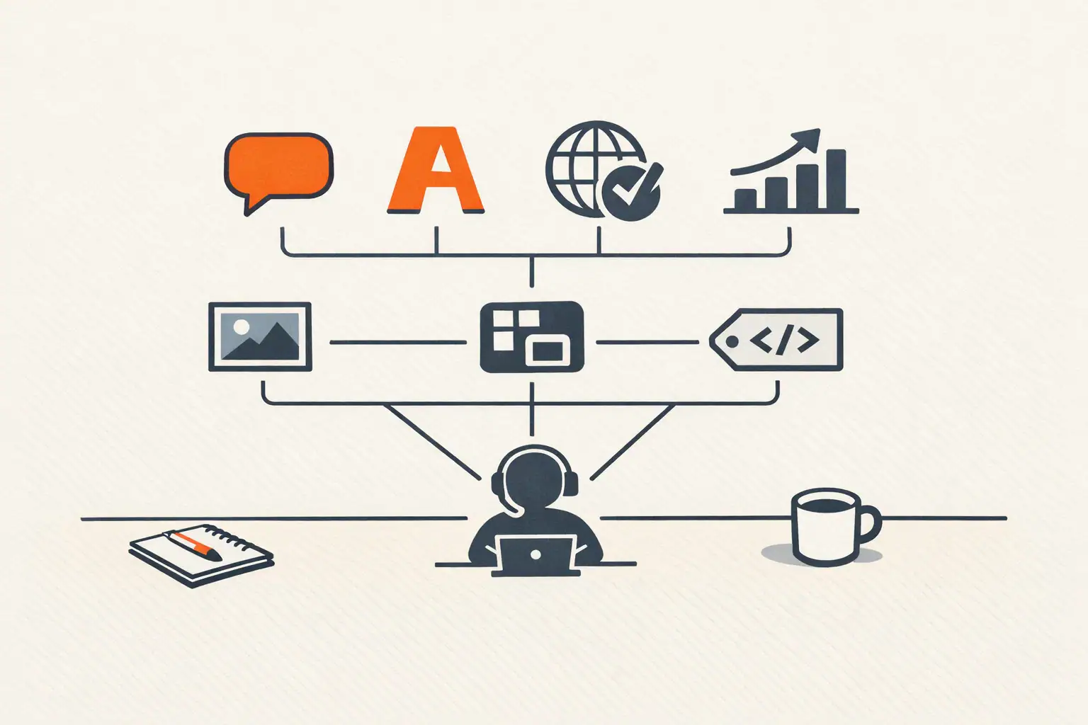 Editorial illustration of seven small tool icons arranged in two rows on a clean desk representing the SEO automation stack, with thin lines connecting them to a central operator figure