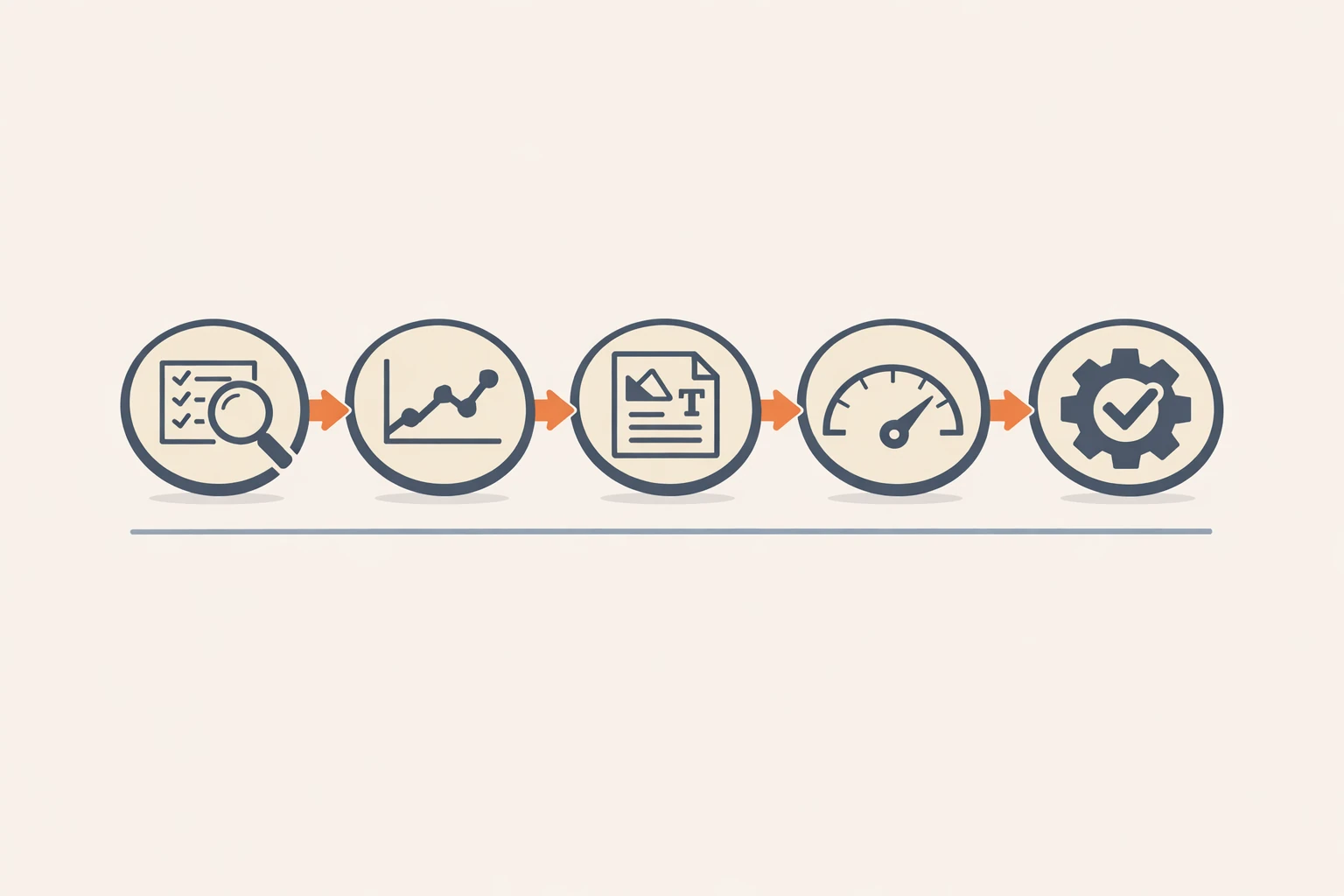 Flat vector five-step workflow diagram showing weekly PPC tasks: search terms, performance summary, creative variants, budget pacing, and rule review, connected by signal orange arrows across a warm off-white background